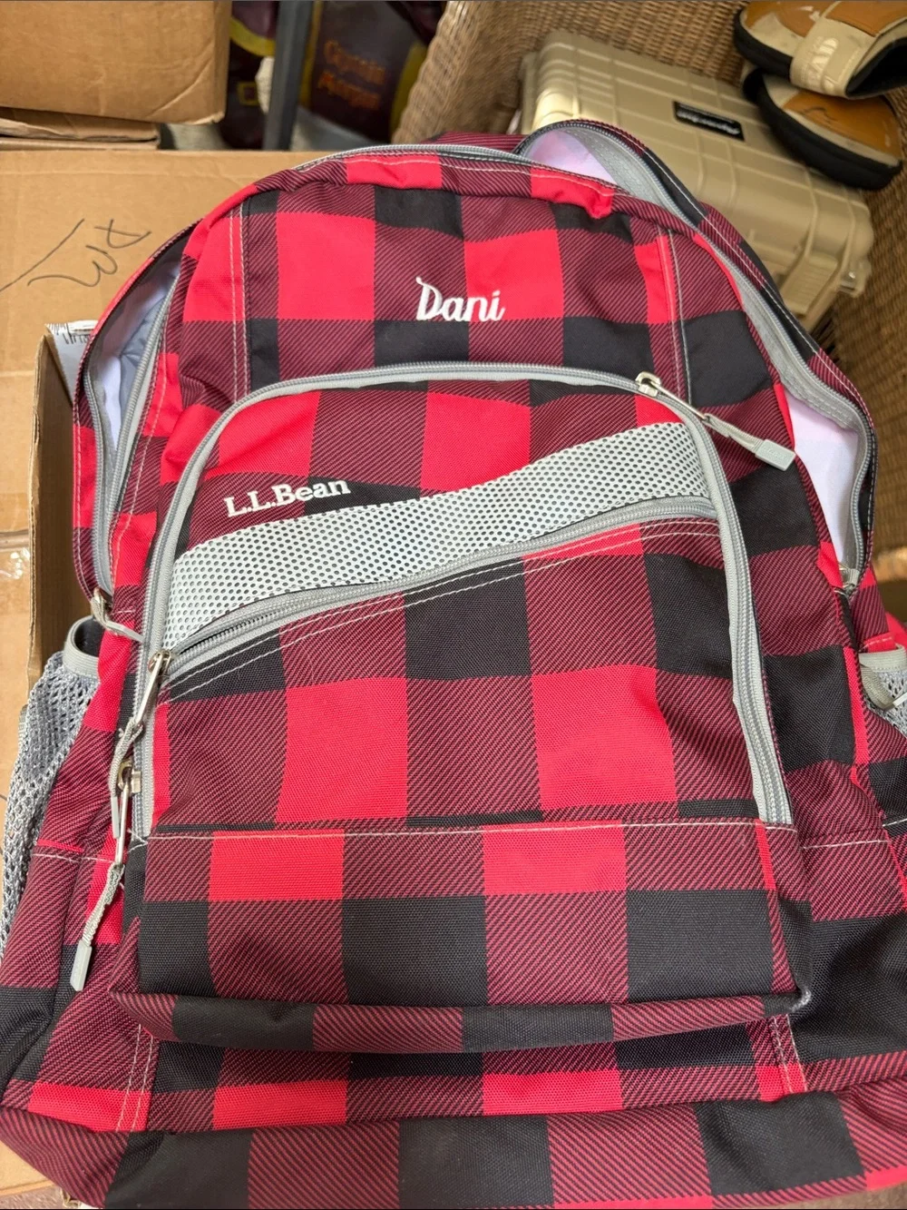 L.L. Bean Red and Black Buffalo Plaid Backpack with Gray Accents